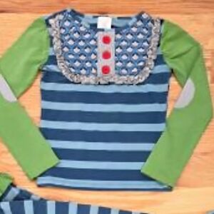 Persnickety Blue and Green Long Sleeve Tee with Red Buttons